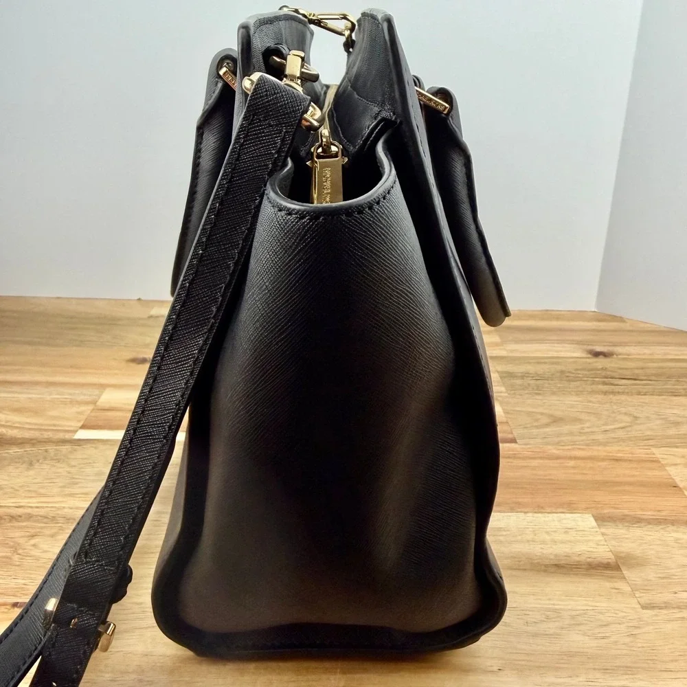 Michael Kors Selma Black Saffiano Leather Satchel Crossbody Bag Gold Hardware